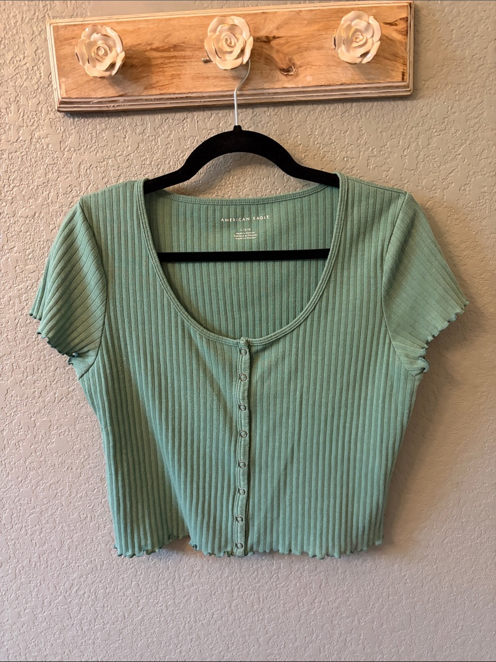 American Eagle Outfitters Mint Ribbed Button-Front Crop Top